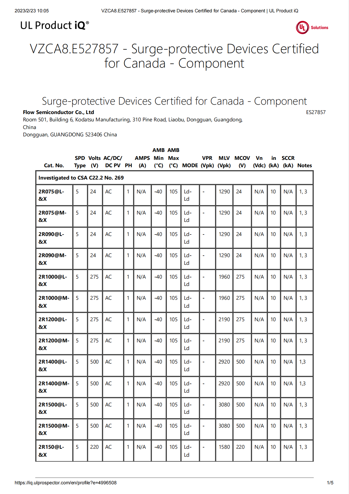 GDT安规认证（VZCA8.E527857 - Surge-protective Devices Certified for Canada - Component）